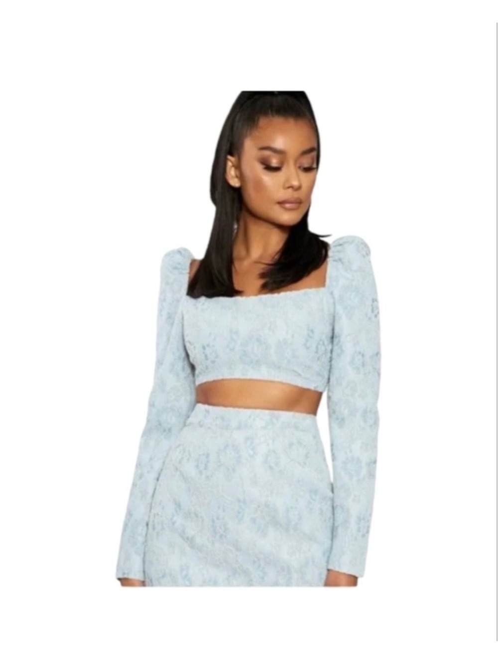 Women's Naked Wardrobe Light Blue Lace Mini Skirt Set Size S